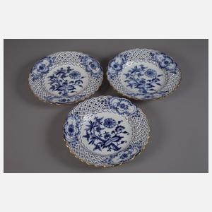 Meissen drei Durchbruchteller "Zwiebelmuster/Gold"