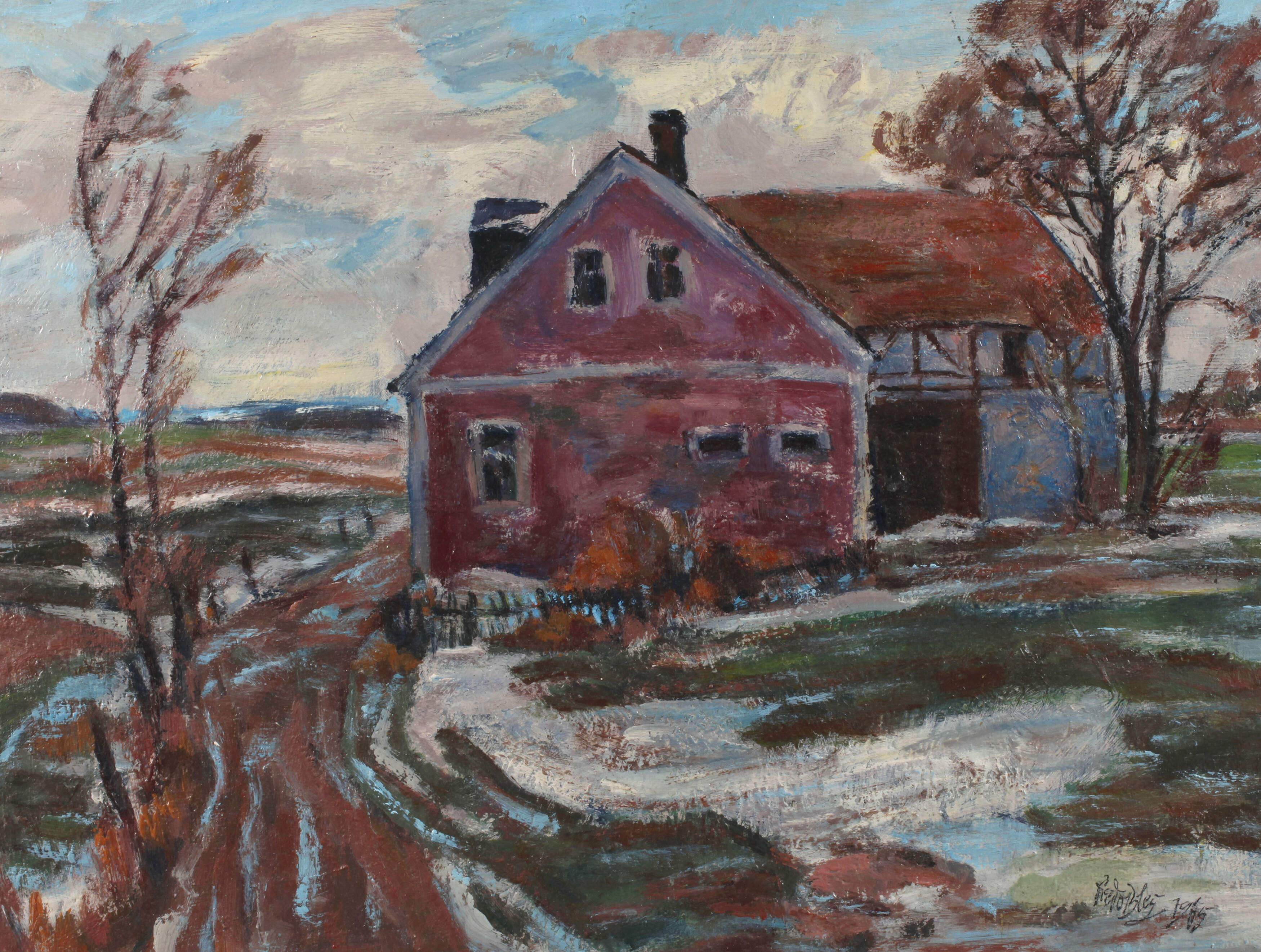 Fredo Bley, "Rotes Bauernhaus im Winter"