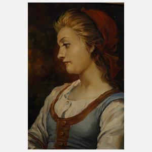 Junge Bäuerin mit Korb und rotem Kopftuch