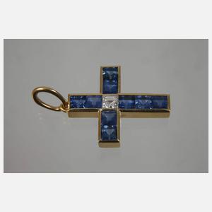 Kreuzanhänger mit Saphiren und Diamant