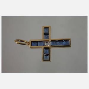Kreuzanhänger mit Saphiren und Diamant