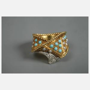 Damenring mit Türkis, Perlen und Brillanten