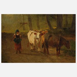 J. Renard, Waldweg mit Bäuerin