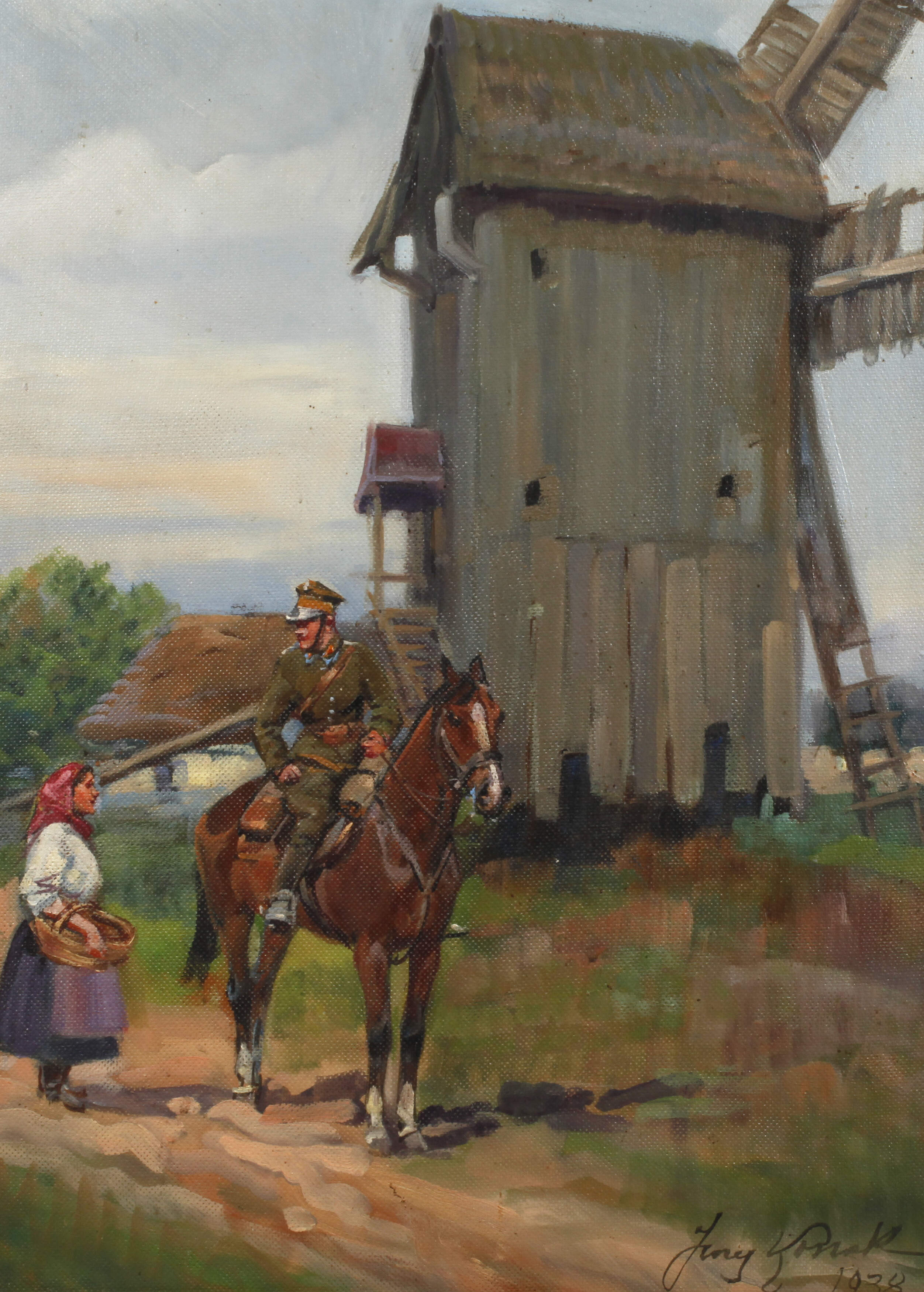 Jerzy Kossak, Soldat mit Bäuerin vor Mühle