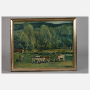 J. Pieper, Sommerliche Weide mit grasenden Kühen