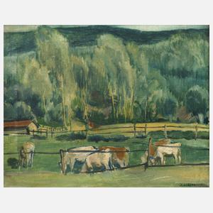 J. Pieper, Sommerliche Weide mit grasenden Kühen