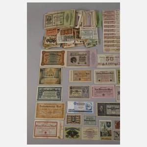 Konvolut alte Geldscheine, Notgeld und Aktien