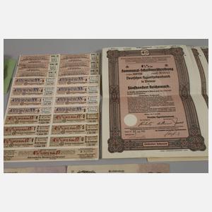 Konvolut alte Geldscheine, Notgeld und Aktien