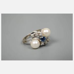 Damenring mit Saphir, Perlen und Brillanten