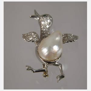 Vogelbrosche mit Perle und Brillanten