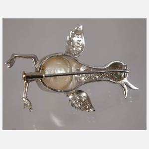 Vogelbrosche mit Perle und Brillanten