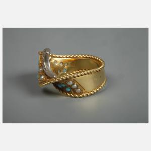 Damenring mit Türkis, Perlen und Brillanten