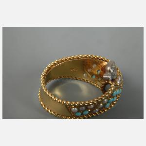 Damenring mit Türkis, Perlen und Brillanten