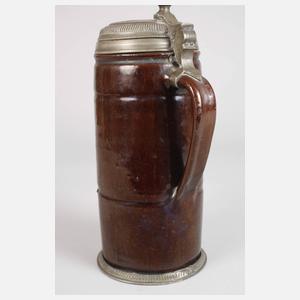 Hoher Bunzlauer Walzenkrug mit Plauener Zinnmontierung