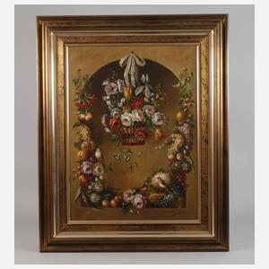 L. Blanco, Blumenstillleben mit Stieglitzen