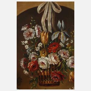 L. Blanco, Blumenstillleben mit Stieglitzen