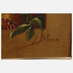 L. Blanco, Blumenstillleben mit Nymphensittich