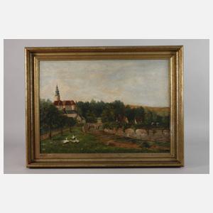 Dorfidyll am Fluss mit Gänsen und Schloss