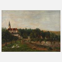 Dorfidyll am Fluss mit Gänsen und Schloss111