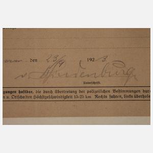 Fahrbefehl mit Autograf von Hindenburg