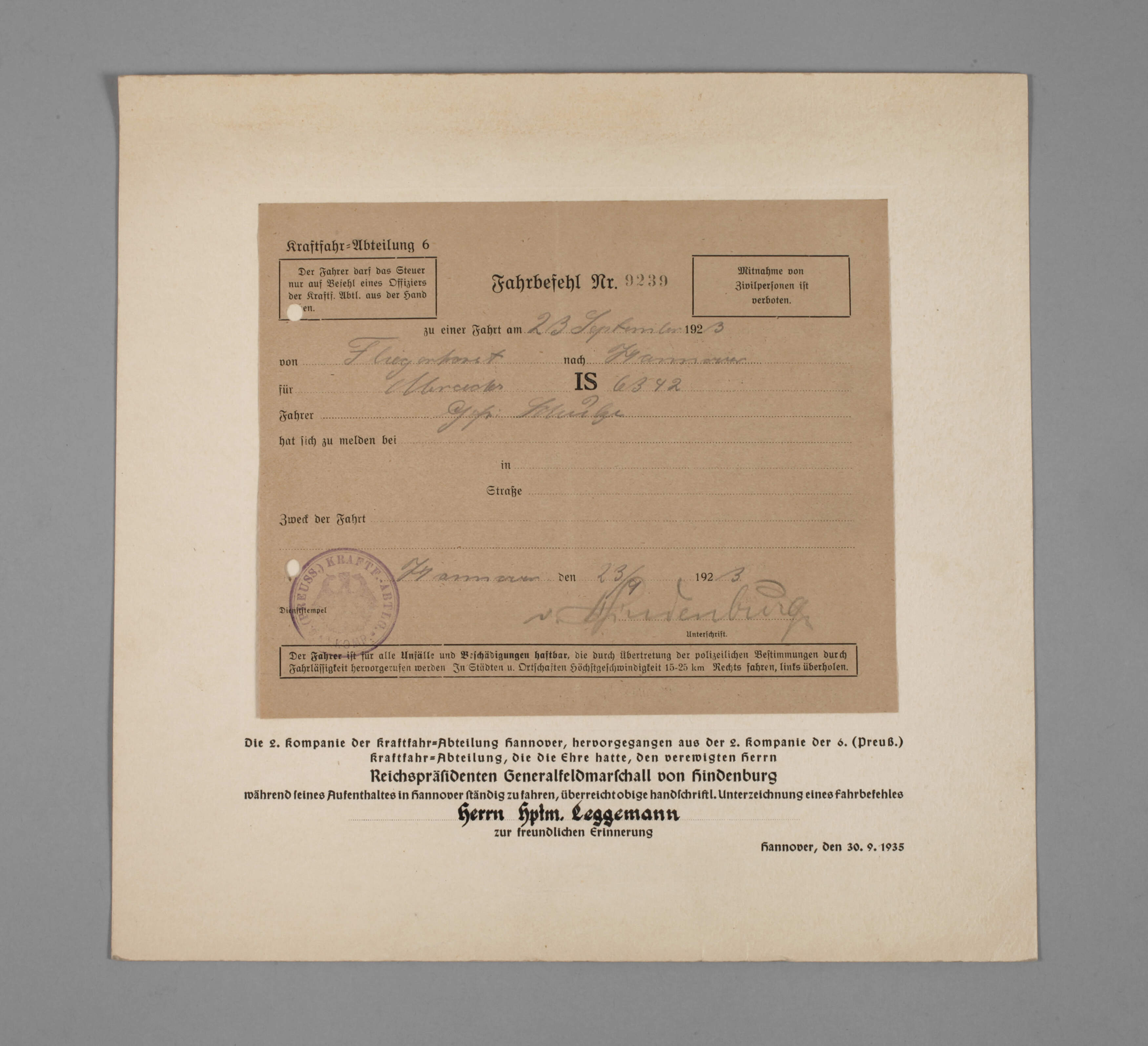 Fahrbefehl mit Autograf von Hindenburg
