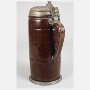 Hoher Bunzlauer Walzenkrug mit Plauener Zinnmontierung