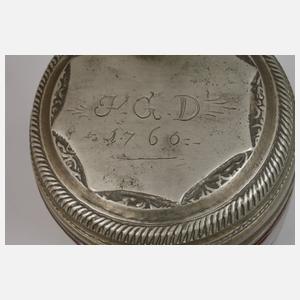 Hoher Bunzlauer Walzenkrug mit Plauener Zinnmontierung