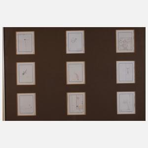 18 humoristische Zeichnungen in einem Rahmen