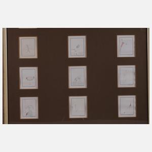 18 humoristische Zeichnungen in einem Rahmen