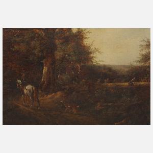 "Waldweg mit hineinreitendem Jäger" nach C. Vroom