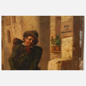 Wanderbursche vor der Schenke