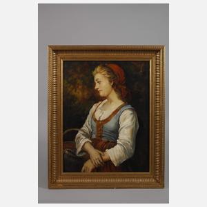 Junge Bäuerin mit Korb und rotem Kopftuch