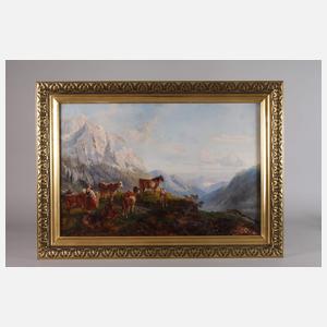 Hirtenmädchen mit Rindern auf der Alm