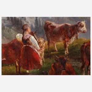 Hirtenmädchen mit Rindern auf der Alm