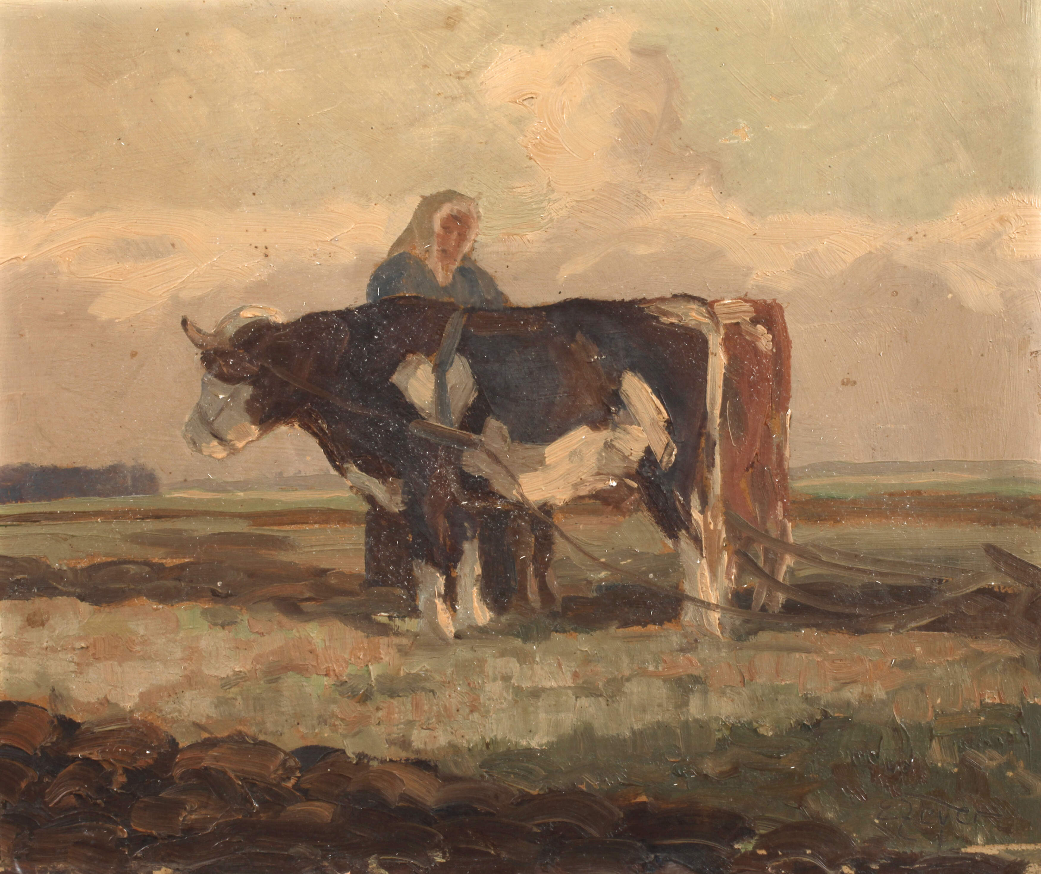 Erich Zeyer, Bäuerin mit Kühen beim Pflügen