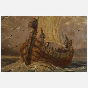 Wikingerschiff in tobender Gischt