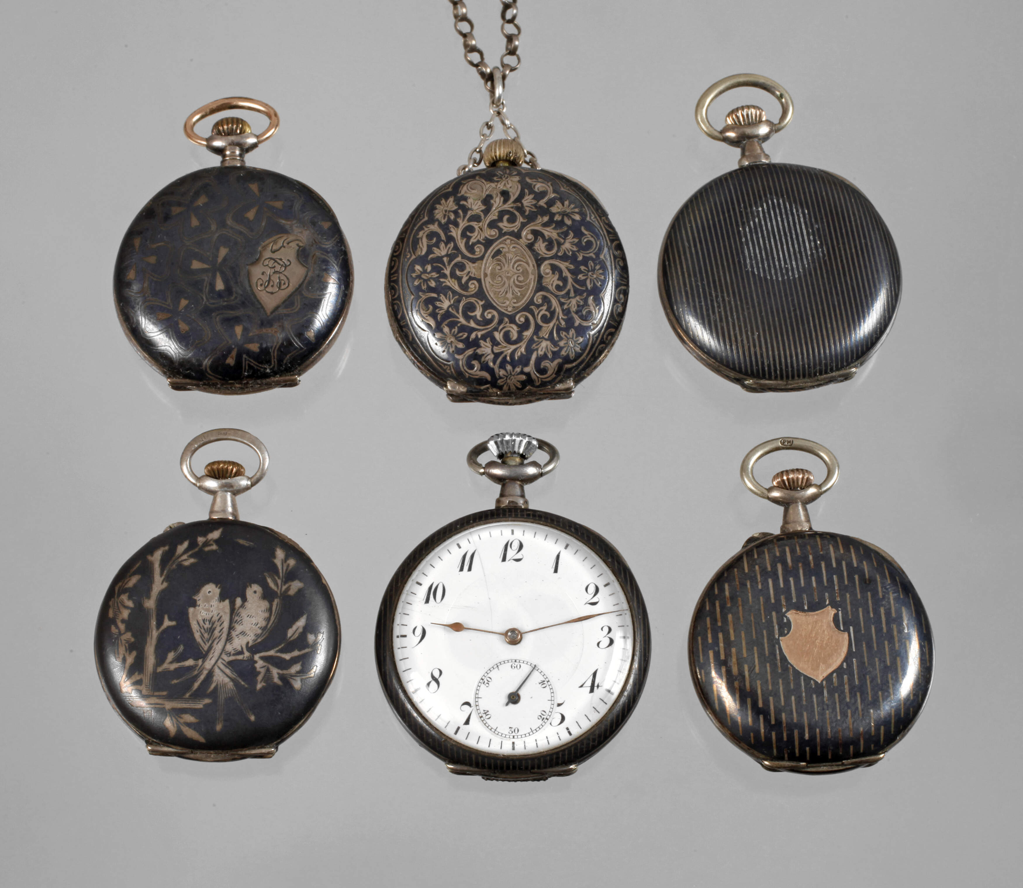 Sechs Damenhängeuhren Niello