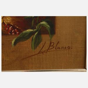 L. Blanco, Blumenstillleben mit Nymphensittich