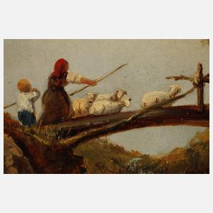 Schuhmann, Mutter und Kind Schafe treibend