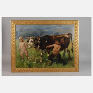 Jugendstilmeister, Putto und Pan eine Kuh ziehend