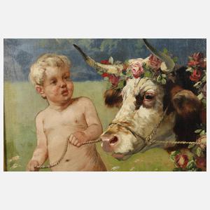 Jugendstilmeister, Putto und Pan eine Kuh ziehend
