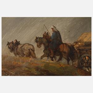 Paar Gemälde mit Fuhrwerken und Pferden