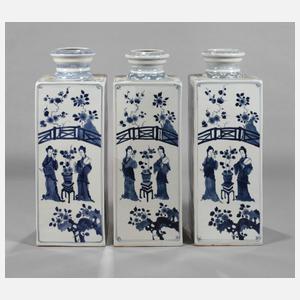 Drei große eckige Flaschenvasen "Chrysanthemenschau"