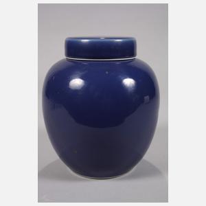 Paar runde Deckelvasen in Monochromblau