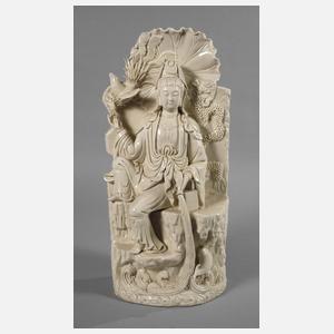 Große Blanc-de-Chine-Figur "Guanyin mit Drache und Phönix"
