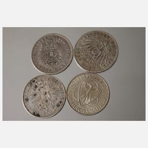 Vier Silbermünzen Deutsches Reich