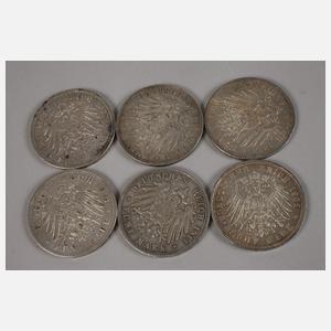 Konvolut Silbermünzen Preußen Wilhelm II.