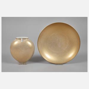 KPM Berlin Schale und Wandvase "Goldhauchfond"