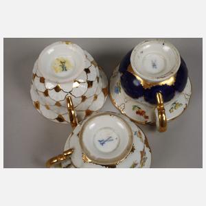 Meissen drei Prunk-Mokkatassen mit Untertassen
