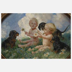 Max Vogel, Putti mit Dackeln im Gras spielend